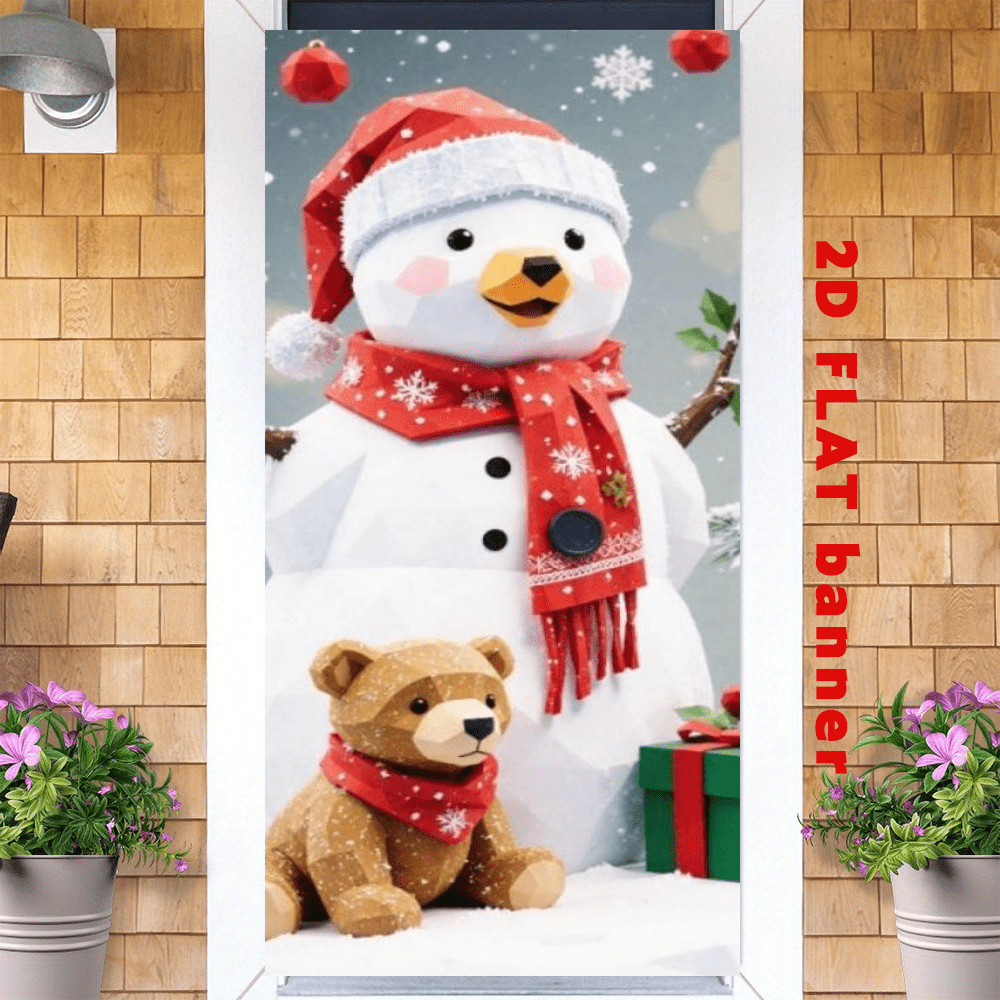 2D Flag - Christmas Theme Banner Background, Featuring A Snowman Wearing A Red Christmas Hat And Scarf, A Brown Bear Wearing The Same Scarf, Along With Christmas Gift Boxes And Snowflakes For Decoration.
