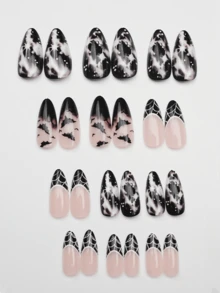 24pcs Halloween Almond Shape Press-On Nails, Glossy Nude To Black Gradient Fake Nails, Bat Spider Web Starry Sky Print, Reusable Full Coverage Acrylic False Nails, Suitable For Women Halloween Party, Cosplay, Gothic Style Manicure - Multicolor - View 5