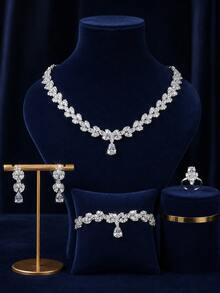 Set Perhiasan Pengantin Elegan Motif Daun dan Sulur Warna Perak, 5pcs/Set, Terdiri dari Kalung, Anting Gantung, Gelang & Cincin untuk Pernikahan, Prom & Pesta - Perak - View 1