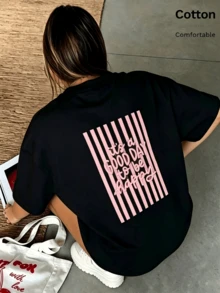 Damen T-Shirt mit kurzen Ärmeln und lockerem Schnitt, rosa gestreift, Rückendruck mit "It's a Good Day to Be Happy"-Slogan, einfaches Freizeit-Shirt für den Alltag - Schwarz - Übersicht 4