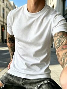 Men's Casual Versatile Solid Color High Neck Short Sleeve T-Shirt, Spring/Summer 100% Cotton Summer T-Shirt Gift For Men - 白色 - 查看 3