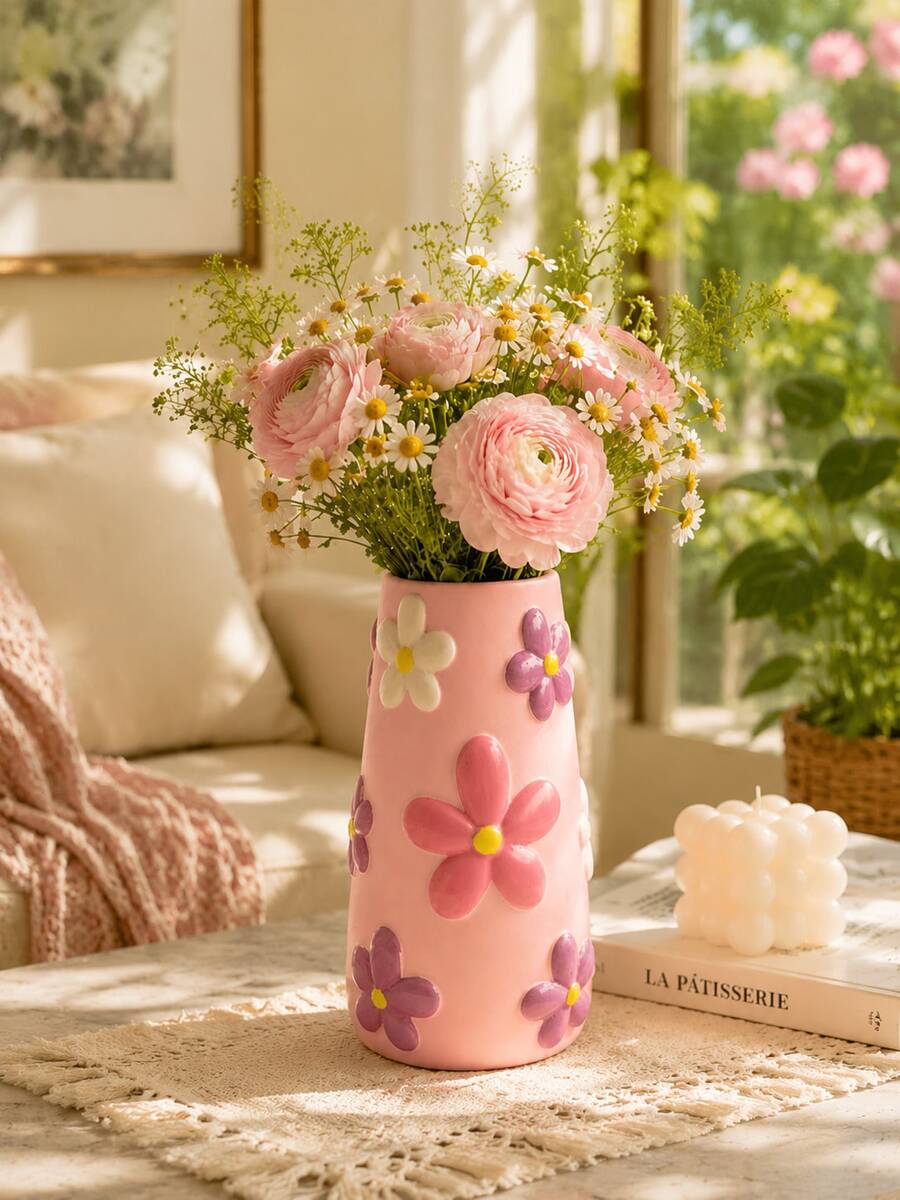 1件裝彩色3D浮雕多巴胺花瓶,適用於鮮花與乾燥花,樹脂桌面裝飾花瓶,適合客廳、臥室、辦公室與廚房,獨特房間裝飾 - 1PC - 查看 1
