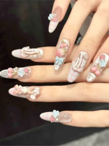 10PCS Oval Handmade Press On Nails, Y2K,Light Blue Floral Bear,Summer Vacation, Graduation Season, Spring And Summer, Suitable For Girls And Women Festivals,Music Festival,Daily Wear,Valentine's Day Gift. - Pink - View 4