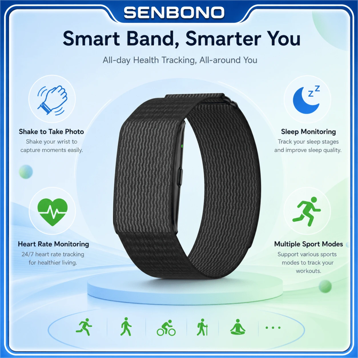SENBONO New Fashion Smart Bracelet, With Heart Rate Monitoring, Blood Oxygen Monitoring, Sleep Monitoring, Multiple Sports Modes, Step Counting Function, Lightweight And Fashionable, Unisex, Compatible With Phones, Perfect Gift For Women And Men - View 1