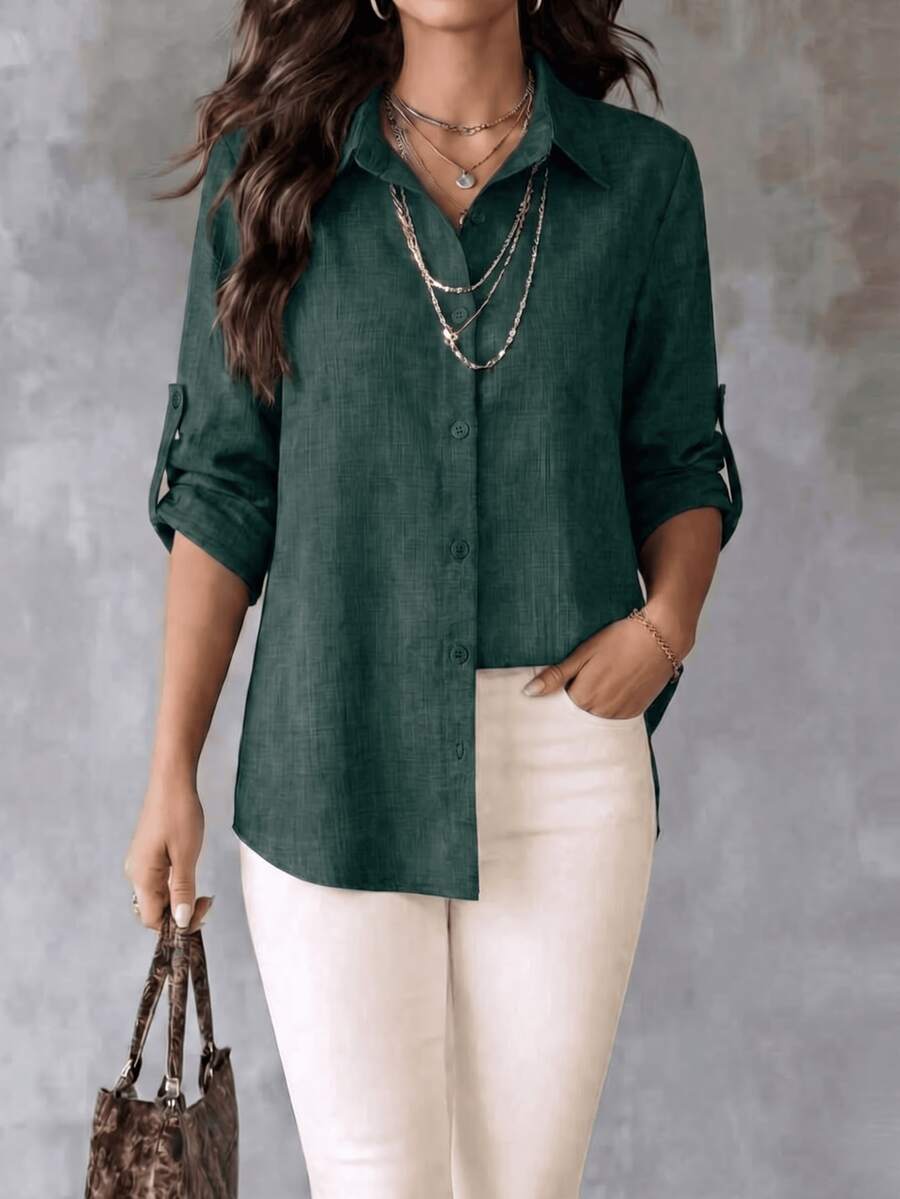 Damen Strukturiertes Hemd, mit Kragen, Knopfleiste, Ärmel zum Hochkrempeln und geschwungener Saum mit hoher-niedriger Länge, lässige Bürokleidung Regular Fit Bluse, modisches Damen Langarmhemd, asymmetrischer Saum, klassischer Hemdkragen - Dunkelgrün - Übersicht 1