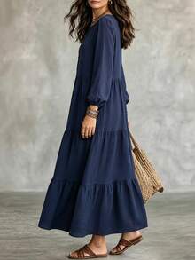 Women's Round Neck Half-Button Front Long Puff Sleeve Tiered Dress, Solid Navy Blue Loose Flowy Casual Dress, Autumn/Winter Daily Wear Fall - Navy Blue - View 9
