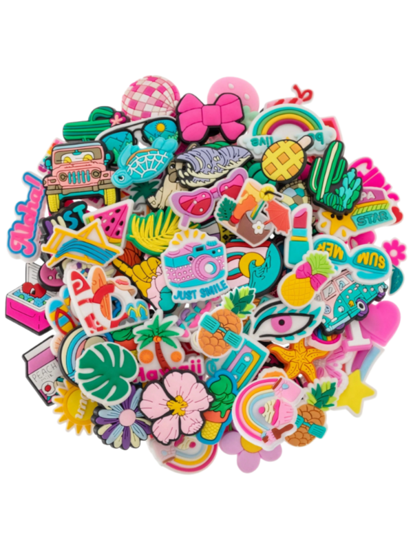 10-20-30-50-100 piezas Accesorios de encantos para zapatos de serie mixta aleatoria rosa, adecuados para varias pulseras, bolsos y accesorios - PVC mate