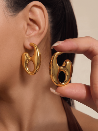 1 peça Brincos Grandes de Grão Dourado Estilo Europeu e Americano Revestidos a Ouro 18K, Brincos de Círculo Dourado em Aço Inoxidável, Brincos Estilo Punk, Brincos Dourados Estilo Gótico, Brincos em Aço Inoxidável, Brincos Pesados, Presente para Ela, Presente para Ele, Adequados para Uso Diário, Festa, Noite, Casamento, À Prova de Água e Resistentes ao Desbotamento