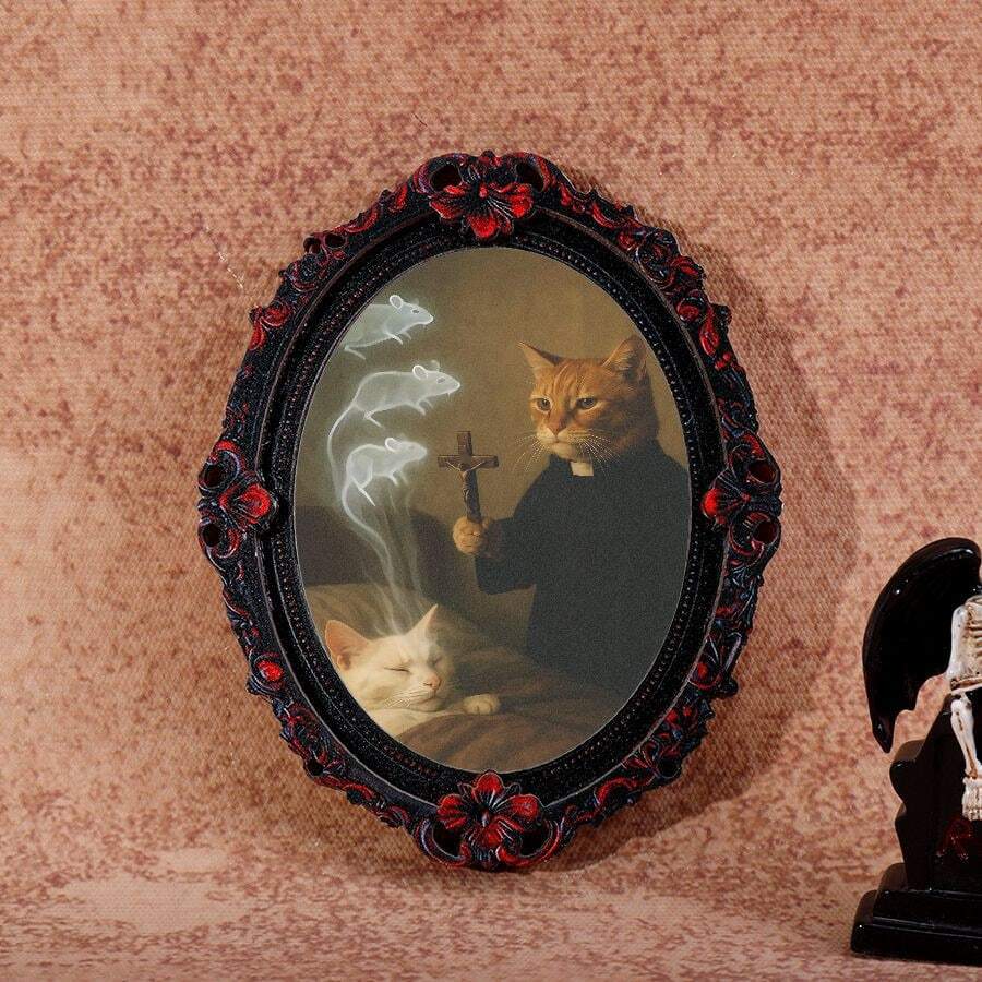 1pc Wooden Photo Frame Fridge Magnet, Exorcist Cat Pattern Fridge Magnet - Suitable For Home, Office, Study Room Fridge Decoration - Fridge Magnet!
