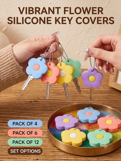 6/4/1 pieza Funda de silicona con forma de flor linda, diseño de bloques de color vibrante con cadena de cuentas plateadas desmontable (requiere ensamblaje), protector antirrobo para llaves de puerta, etiqueta decorativa de identificación de llaves, accesorio de llavero para mujeres, pequeño regalo para hermanas