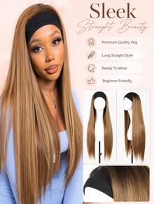 Honey Blonde Straight Headband Wig Synthetic Long Silky Hair Beginner Friendly Secure Combs Ready To Go Easy Wear Daily Fashion Wig - Gold - View 9