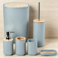 1pc, 4pcs, 6pcs Light Blue Bamboo Lid Bathroom Accessories, Including - Trash Can, Toilet Brush, Soap Dispenser, Toothbrush Holder, Toothbrush Rack, Soap Dish, Suitable For - Bathroom, Apartment, Rental Home - Multicolor - View 11