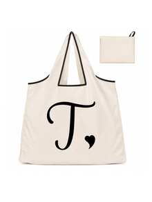 Sac cabas blanc à la mode avec initiale artistique A-Z noire, design avec bordure noire, matériau en taffetas enduit de polyester, sac de courses pliable et portable, sac cabas grande capacité pour femmes avec design facile à plier, convient pour un usage quotidien, les voyages, les vacances, l'école, la rentrée scolaire, le travail et les courses, chariot multifonctionnel, poignée robuste, cadeau pour la fête des enseignants, saison de la rentrée scolaire, fête de l'indépendance, voyage de vacances - Multicolore - Voir 35