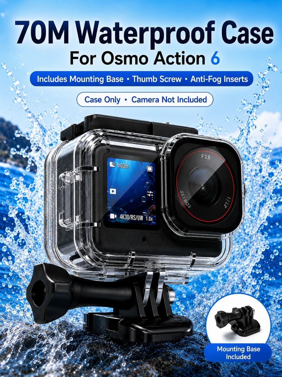 70M 防水潛水殼適用於 Osmo Action 6，透明潛水保護殼附防霧內襯、安裝底座與拇指螺絲，HD 鏡頭視窗，不含相機 - 查看 1