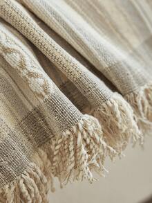 1pc Bohemian Style Striped Tassel Sofa Cover, Neutral Beige Woven Sofa Throw Blanket, Vintage Geometric Pattern Furniture Slipcover, Living Room Decor - Khaki - View 6
