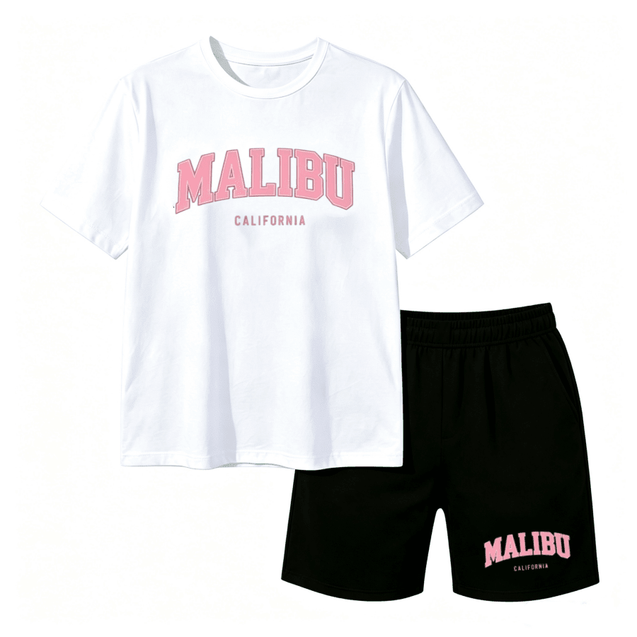 2pcs Women Letter Print Round Neck Short Sleeve Top And Shorts Set
