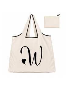 Sac cabas blanc à la mode avec initiale artistique A-Z noire, design avec bordure noire, matériau en taffetas enduit de polyester, sac de courses pliable et portable, sac cabas grande capacité pour femmes avec design facile à plier, convient pour un usage quotidien, les voyages, les vacances, l'école, la rentrée scolaire, le travail et les courses, chariot multifonctionnel, poignée robuste, cadeau pour la fête des enseignants, saison de la rentrée scolaire, fête de l'indépendance, voyage de vacances - Multicolore - Voir 18