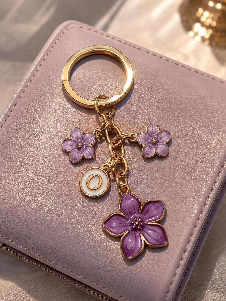 1pc Purple Floral Metal Keychain With Oil Drip Effect, Cute 5-Petal Flower Bag Charm, Student Back To School Gift, Car Accessory Pendant, Key Chain For Teachers, Moms, Friends Birthday Gift, Floral Jewelry, Back To School Gift, Halloween Gift - Purple - View 1