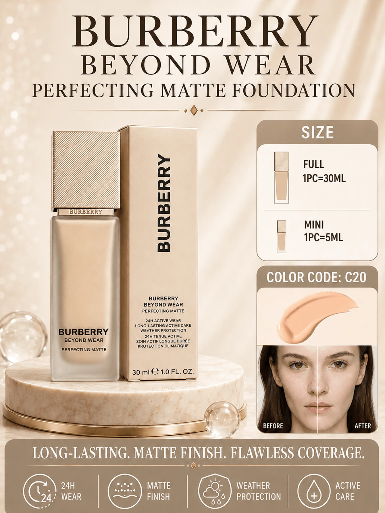 Burberry Bobbery Foundation C20 (Ukuran Penuh 30ml, Sampel 5ml), Pengontrol Minyak Tahan Lama 24 Jam, Perlindungan Matahari, Penutup Noda, Hasil Akhir Matte Alami, Pengontrol Minyak, Cocok untuk Kulit Berminyak dan Kombinasi