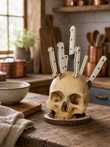 Resin Skull Knife Holder, Gothic Kitchen Countertop Knife Storage Rack, Halloween Horror Tableware Organizer, Farmhouse Style Home Restaurant Dining Table Indoor Kitchen Decor Party Scene Ornament - Multicolor - View 2