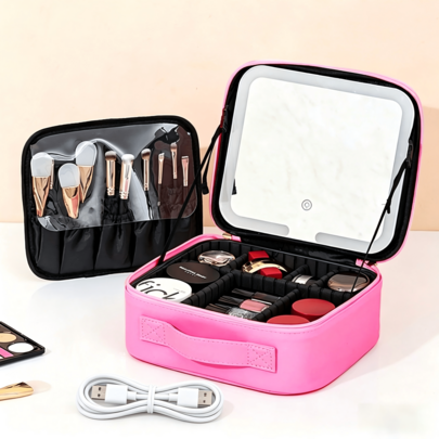Travel Makeup Bag With LED Mirror, 3 Color Lighting Modes & Touch Switch, Large Capacity Cosmetic Organizer With Adjustable Dividers, Portable PU Leather Travel Essentials For Women