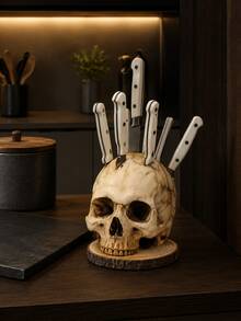 Resin Skull Knife Holder, Gothic Kitchen Countertop Knife Storage Rack, Halloween Horror Tableware Organizer, Farmhouse Style Home Restaurant Dining Table Indoor Kitchen Decor Party Scene Ornament - Multicolor - View 8