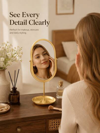Tabletop Makeup Vanity Mirror, Desktop Cosmetic Mirror With Metal Frame & Adjustable Stand, HD Clear Mirror, Bedroom Decor & Portable Touch-Up Mirror For Dorm,Travel,Bathroom,Office,Countertop, Back To School,Xmas Gift For Women,Girls,Students