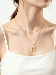 LIKGREAT 1pc Women's Fashion Stainless Steel Double Layer Y-Shaped Musical Note Necklace, Minimalist Music Symbol Pendant, Adjustable Collarbone Chain, Niche INS Style Versatile Accessory - Music Series - View 9