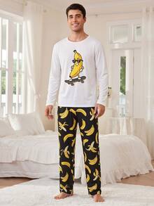 Men's Fun Home Set - Long Sleeve T-Shirt With Skateboard Banana Print + Black Loose Banana Pattern Pants, Casual 2-Piece Pajama Set, Perfect For - White - View 1