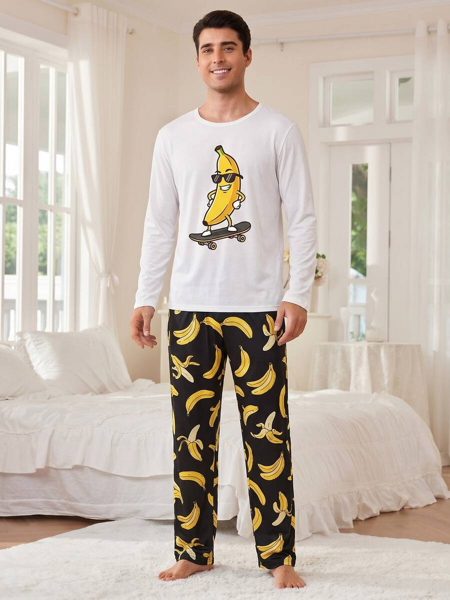 Men's Fun Home Set - Long Sleeve T-Shirt With Skateboard Banana Print + Black Loose Banana Pattern Pants, Casual 2-Piece Pajama Set, Perfect For - White - View 1
