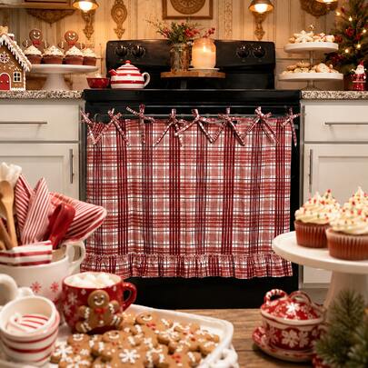 Handmade Oven Skirt, Farmhouse Kitchen Oven Curtain, Decorative Cabinet Dishwasher Oven Curtains With Ribbon Ties, Ruffled Trim, Heat Resistant Design, Effortless Install, Kitchen Decor Accessories