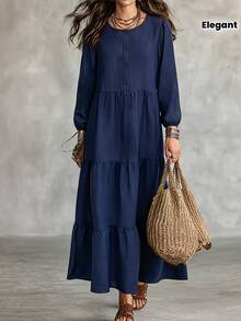 Women's Round Neck Half-Button Front Long Puff Sleeve Tiered Dress, Solid Navy Blue Loose Flowy Casual Dress, Autumn/Winter Daily Wear Fall - Navy Blue - View 5