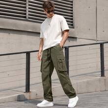 Men's Olive Green Cargo Pants, Loose Fit Drawstring Waist Streetwear Pants, Multi Pocket Casual Jogger Style Pants For Daily Wear, Outdoor, Travel & Hip Hop Outfits - Military Green - View 4