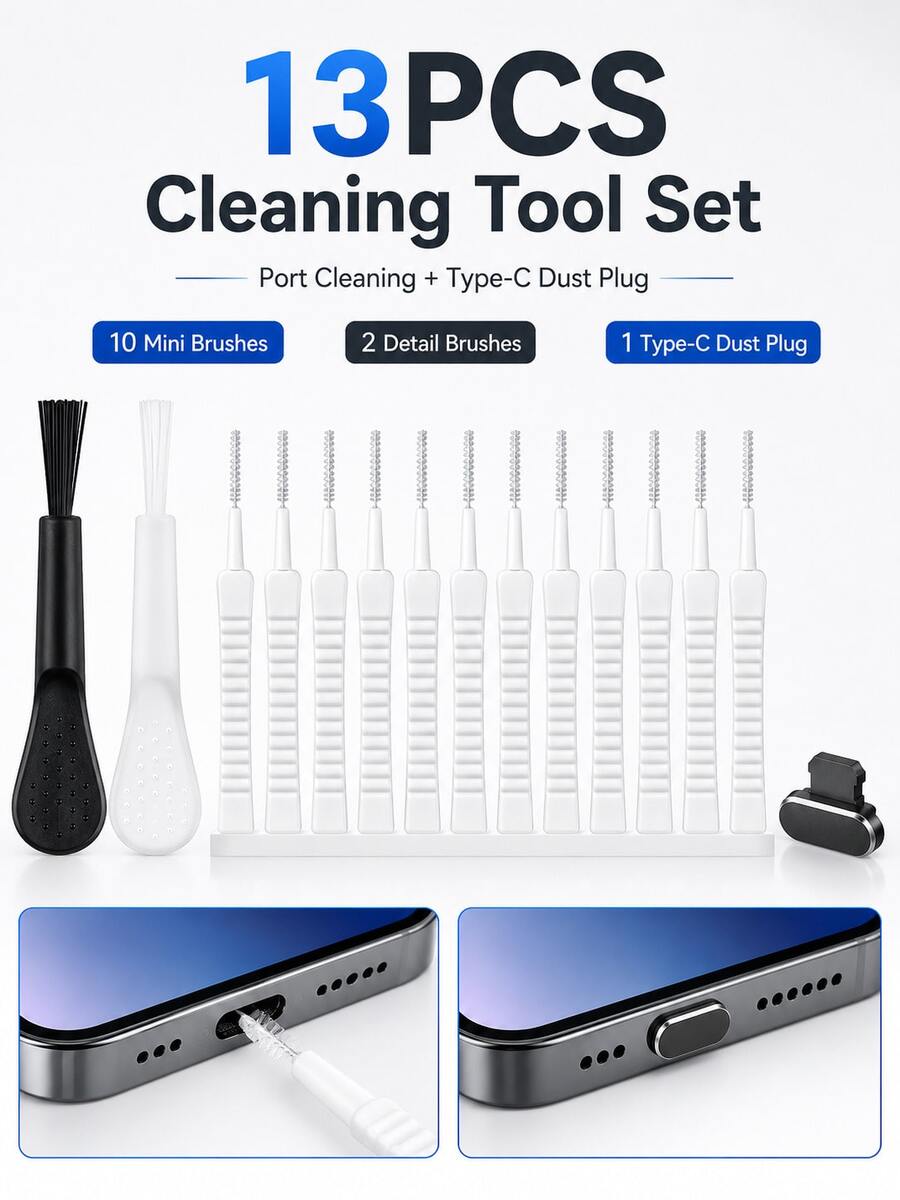 13pcs Type-C Charging Port Cleaning Tool Set, 10 Mini Cleaning Brushes+2 Soft Detail Brushes+1 Type-C Dust Plug, For Phone Ports, Wireless Earbud Cases, Laptop Keyboard Gaps And Everyday Device Dust Removal - A - View 1