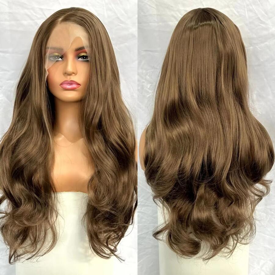 websterwigs Long Brown Wave Wigs For Women Synthetic Hair Side Part Light Brown Curly Natural Wave Brunette 13X4 Lace Front Wig Daily Party, Halloween