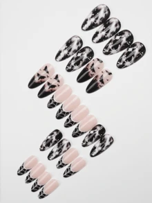 24pcs Halloween Almond Shape Press-On Nails, Glossy Nude To Black Gradient Fake Nails, Bat Spider Web Starry Sky Print, Reusable Full Coverage Acrylic False Nails, Suitable For Women Halloween Party, Cosplay, Gothic Style Manicure - Multicolor - View 6