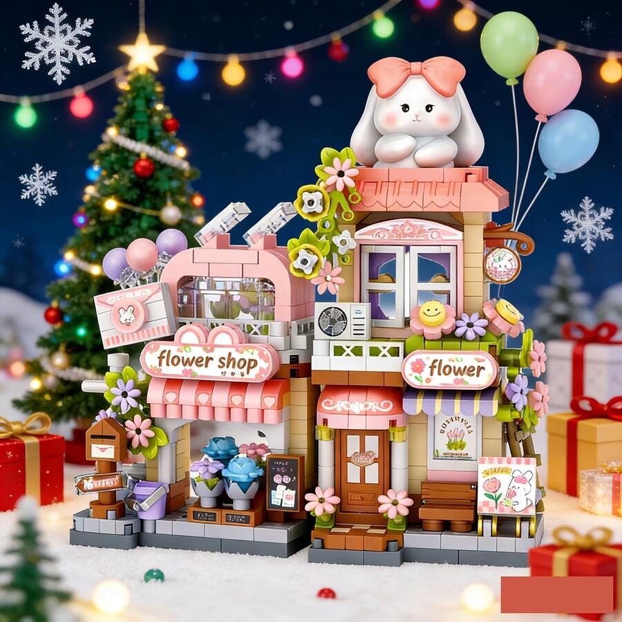 Japanese Street Scene Building Blocks Hot Spring House Flower Shop Bakery Panda Bookstore, Mini DIY Assembly Model, Home Decor, Suitable For Christmas Holiday Gift