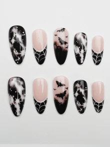 24pcs Halloween Almond Shape Press-On Nails, Glossy Nude To Black Gradient Fake Nails, Bat Spider Web Starry Sky Print, Reusable Full Coverage Acrylic False Nails, Suitable For Women Halloween Party, Cosplay, Gothic Style Manicure - Multicolor - View 3