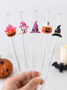 1-5PCS Reusable Clear Glass Straws With Halloween Witch Hat,Ghost&Pumpkin Accents,Cute Holiday Decor Drinking Straws For Kitchen Accessories,Water Cup,Boba Tea,Juice,Smoothies & Cold Drinks,Ideal For Beach Parties,Outdoor Picnics,Camping,Halloween Pa - View 6