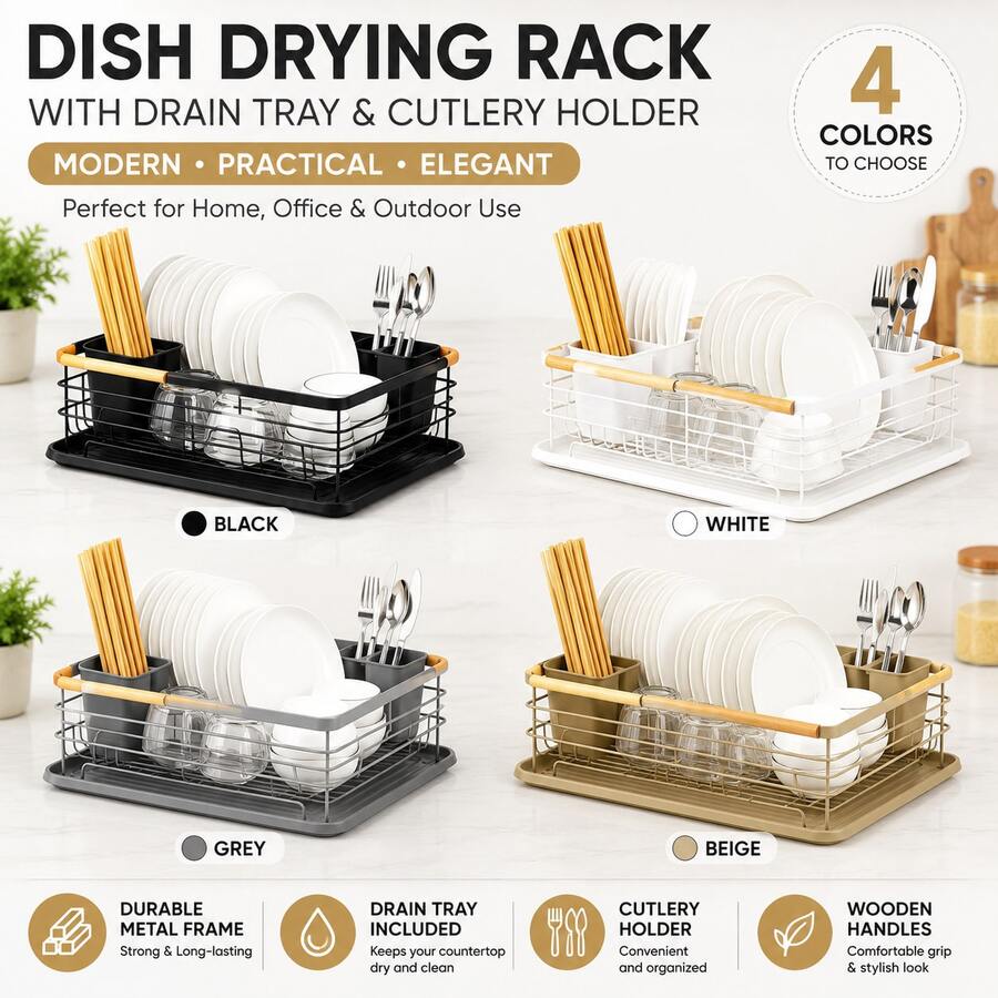 Dish Drying Rack With Drain Tray & Cutlery Holder | Metal Kitchen Dish Rack With Wooden Handles | Black / White / Grey / Beige - View 1