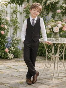 男孩新西裝套裝，花童婚禮服裝，表演服，英式男孩表演西裝三件套，含背心、長褲與領帶 - 黑色 - 查看 3