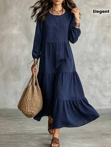 Women's Round Neck Half-Button Front Long Puff Sleeve Tiered Dress, Solid Navy Blue Loose Flowy Casual Dress, Autumn/Winter Daily Wear Fall - Navy Blue - View 8
