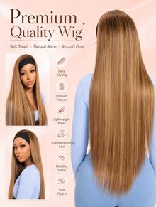 Honey Blonde Straight Headband Wig Synthetic Long Silky Hair Beginner Friendly Secure Combs Ready To Go Easy Wear Daily Fashion Wig - Gold - View 2