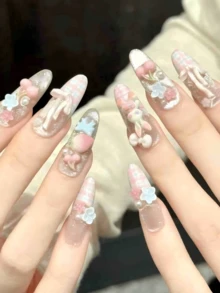 10PCS Oval Handmade Press On Nails, Y2K,Light Blue Floral Bear,Summer Vacation, Graduation Season, Spring And Summer, Suitable For Girls And Women Festivals,Music Festival,Daily Wear,Valentine's Day Gift. - Pink - View 3