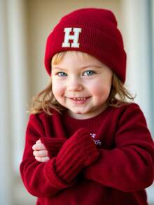 1PC Children's Knitted Hat With 26 Letters Pattern, Solid Color Knitted Caps, Children Hats For Girls, Warm Beanies For Outdoor, Autumn/Winter - Red - View 4