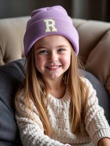 1PC Children's Knitted Hat With 26 Letters Pattern, Solid Color Knitted Caps, Children Hats For Girls, Warm Beanies For Outdoor, Autumn/Winter - Purple - View 4