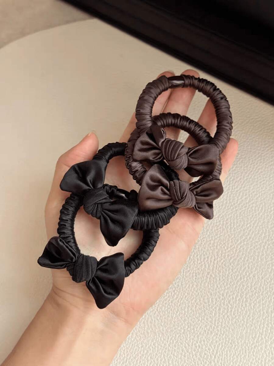 4pcs/Pc Satin Mini Bow Ruched Hair Ties, Elastic Fabric Hair Scrunchies, Elegant Neutral-Tone Hair Bands For Daily Hairstyling - Multicolor - View 1