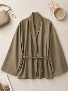 Women's Solid Color Linen-Like Tie-Front Loose Kimono Sleeve Cardigan Jacket, Spring/Autumn - Army Green - View 1