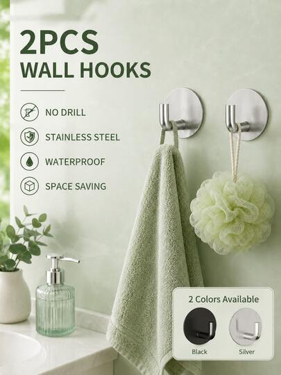 2 Packs Wall-Mouwnted Toel Hook, Heavy-Duty Adhesive Fixed Waterproof Towel Hook, Towel Hooks For Bathrooms, Sticky Hooks For Hanging, Stick On Wall Mount For Bathroom Kitchen Bedroom No Drill,Stainless Steel