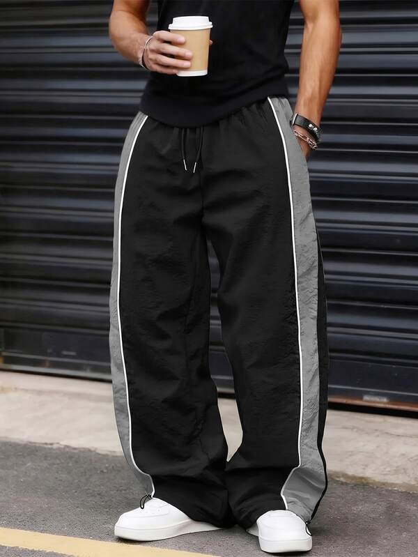 Men's Athletic Drawstring Waist Color Block Design Cuffed Sports Pants, Couple Gift